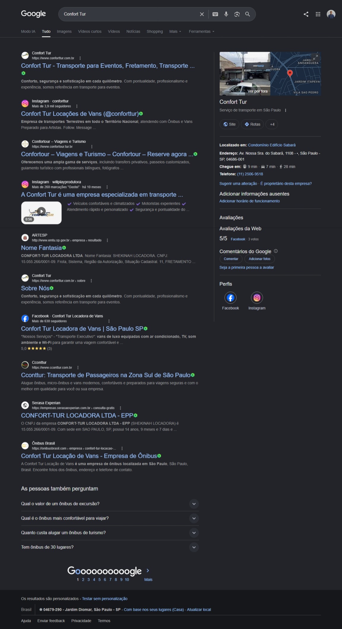Screenshot da presença da Confort Tur no Google